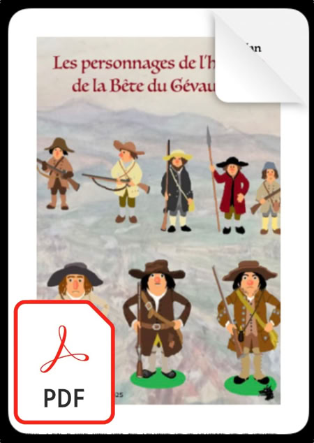 Illustration de personnages historiques en vêtements d'époque, avec un texte en haut indiquant "Les personnages de l'histoire de la Bête du Gévaudan".