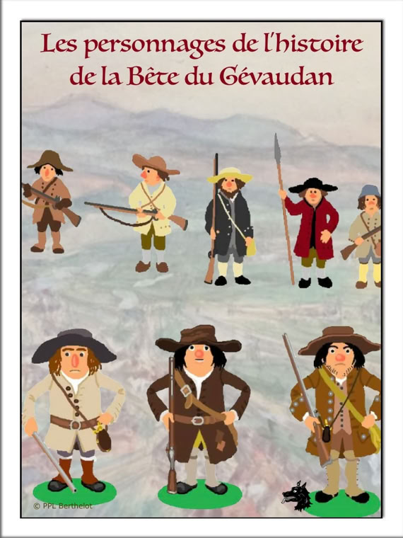 Illustration de personnages en vêtements historiques avec des armes, sur un fond de paysage flou.